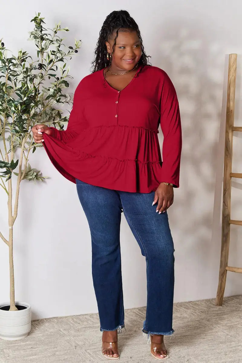 Double Take Half Button Long Sleeve Ruffle Hem Blouse - Love Salve